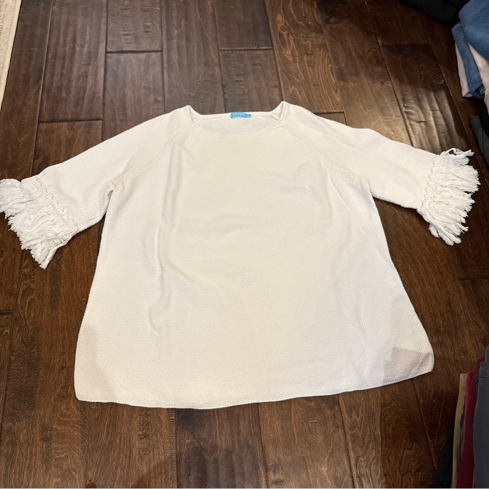 J. McLaughlin Short Sleeve Knit Sweater Fringe Tassels Sleeves White size Medium